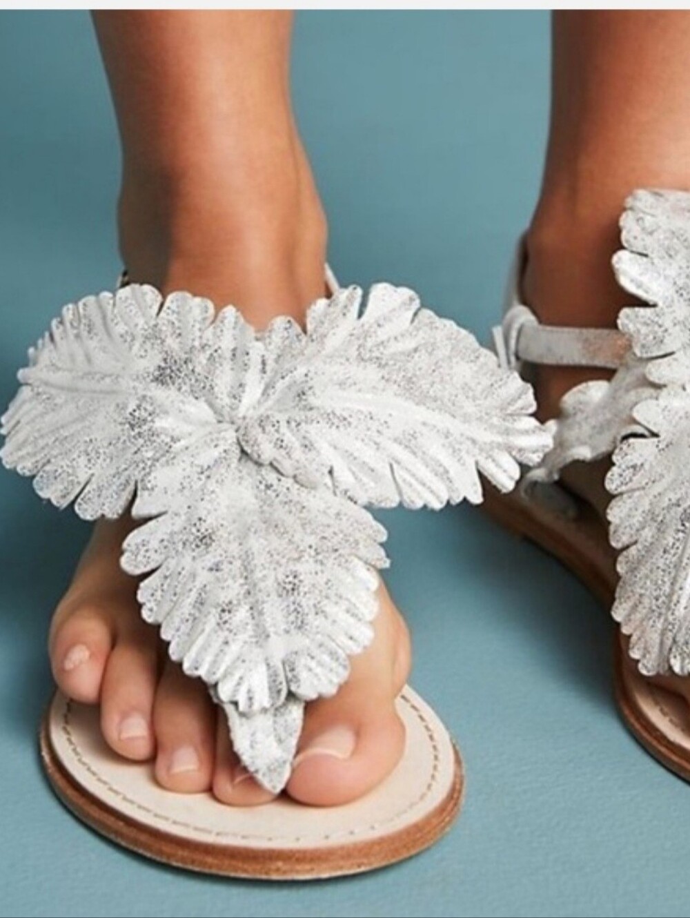 Anthropologie Cecilia New York Silver Peony Leaf-Embellished Women's Sandals